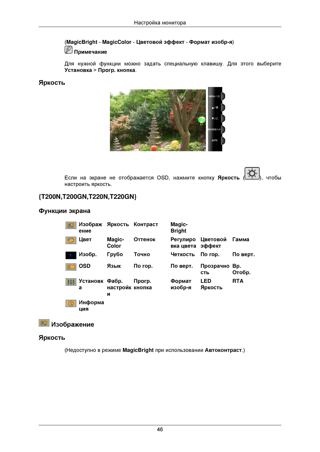 Samsung LS19TWASU/CI, LS19TWUSU/CI, LS20TWUSX/CI, LS19TWASX/CI manual Яркость, T200N,T200GN,T220N,T220GN Функции экрана 