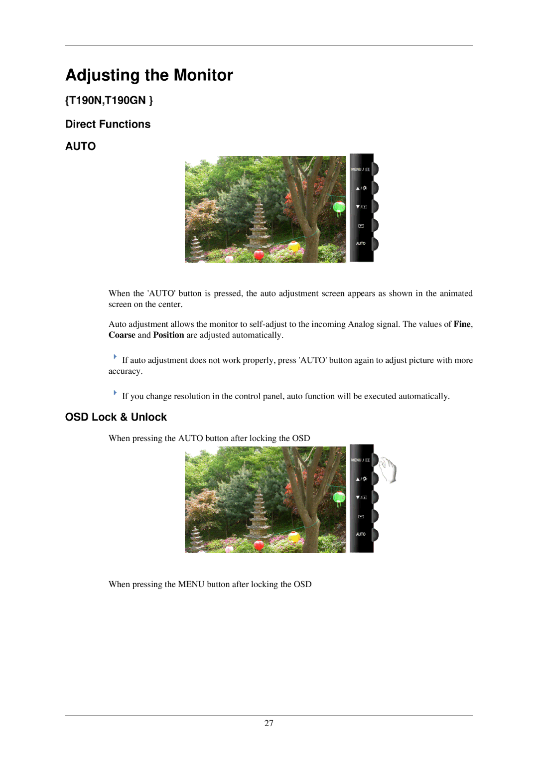 Samsung LS22TWASU/CI, LS19TWUSU/CI, LS20TWUSX/CI Adjusting the Monitor, T190N,T190GN Direct Functions, OSD Lock & Unlock 