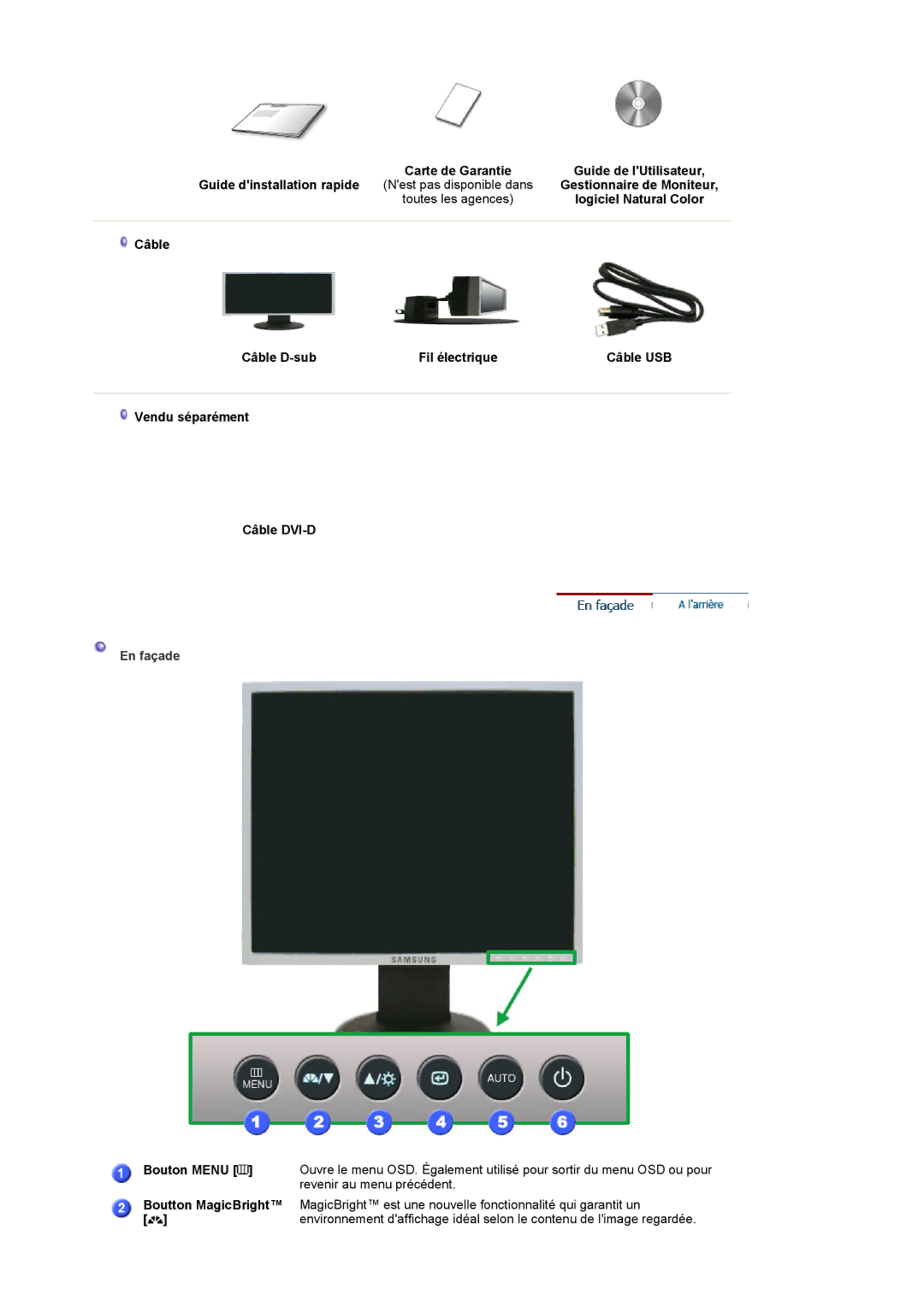 Samsung LS19UBQESQ/EDC, LS19UBPESQ/EDC manual Guide dinstallation rapide Nest pas disponible dans, En façade 