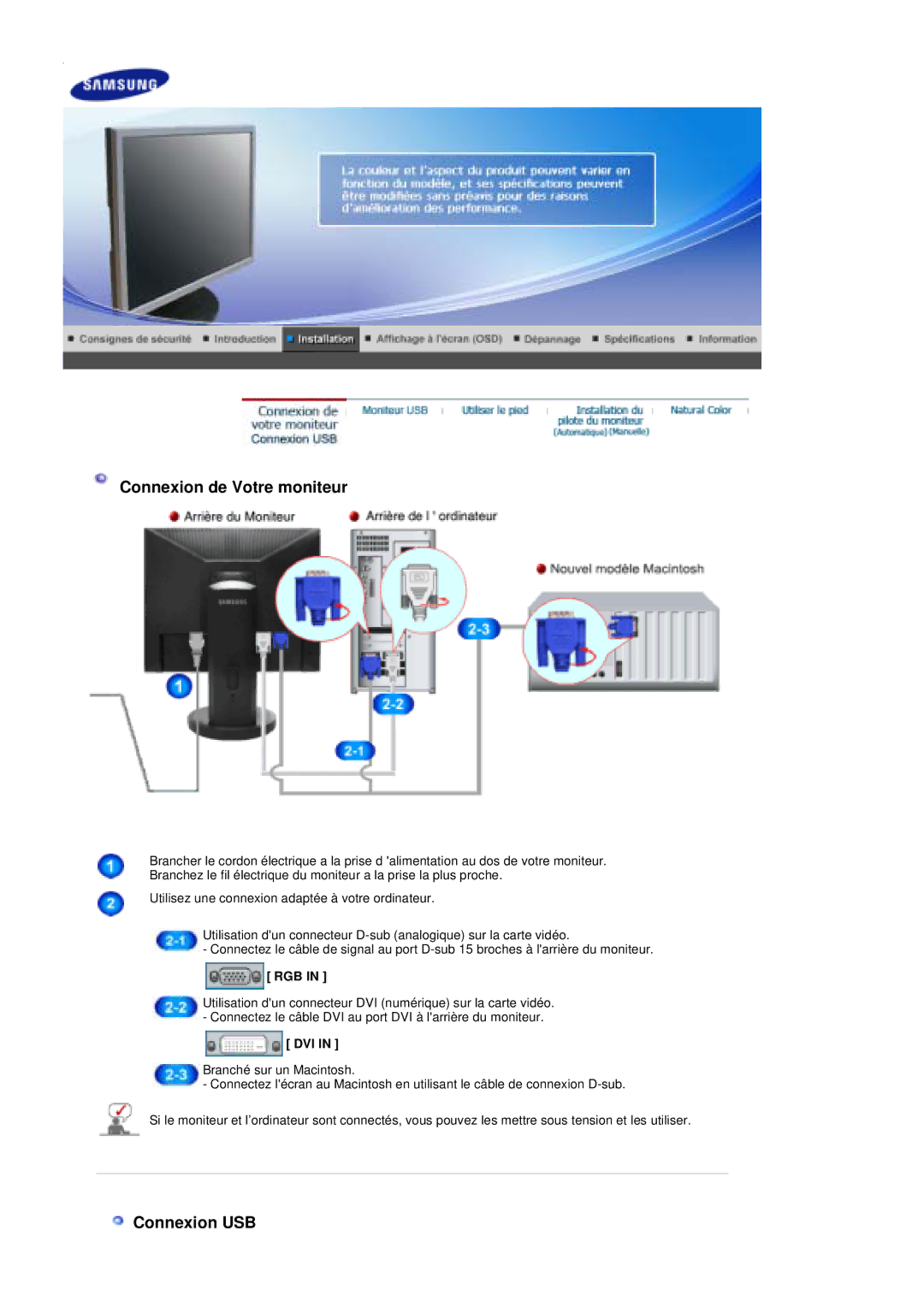 Samsung LS19UBQESQ/EDC, LS19UBPESQ/EDC manual Connexion de Votre moniteur, Connexion USB, Rgb, Dvi 