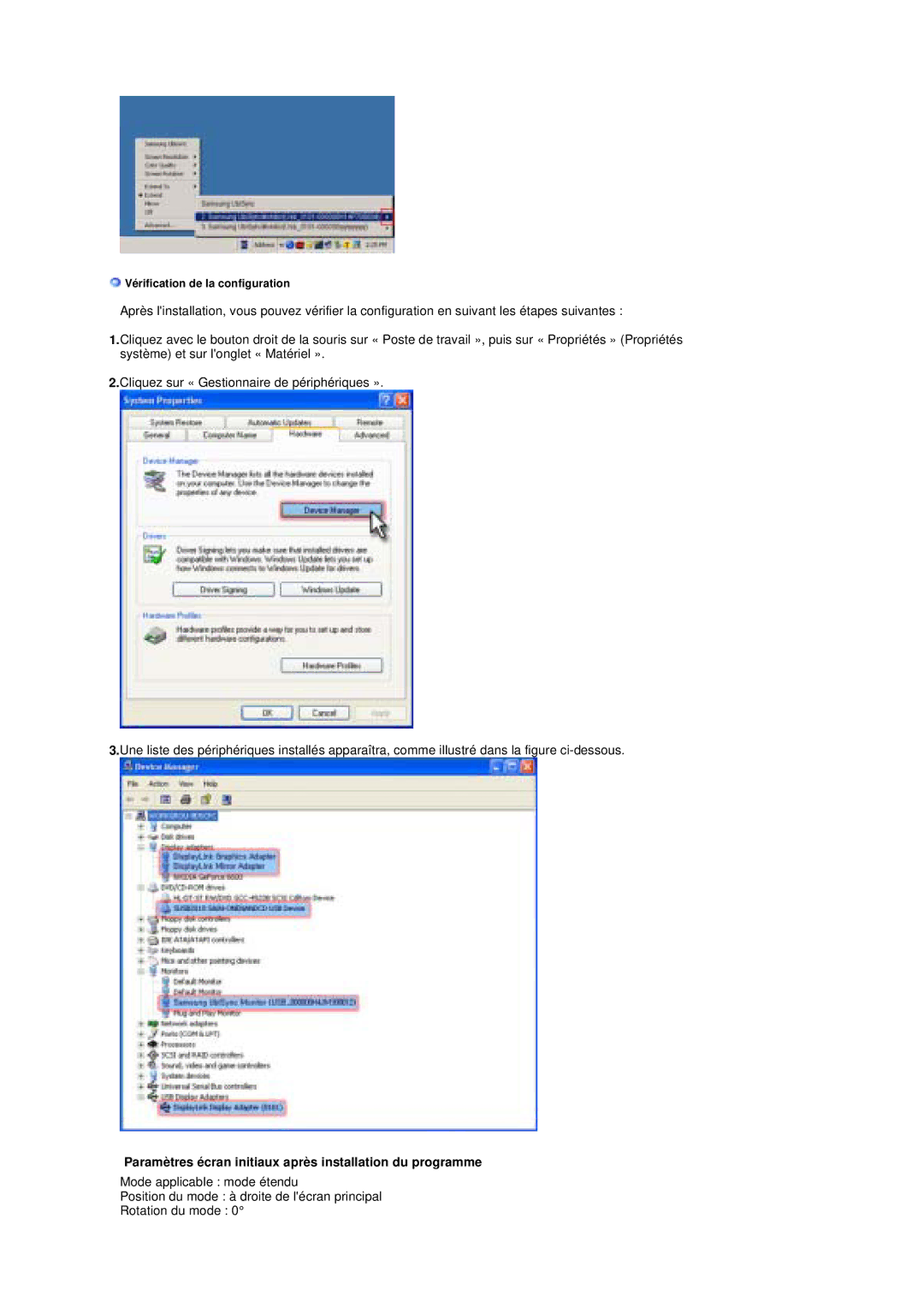 Samsung LS19UBPESQ/EDC, LS19UBQESQ/EDC manual Paramètres écran initiaux après installation du programme 