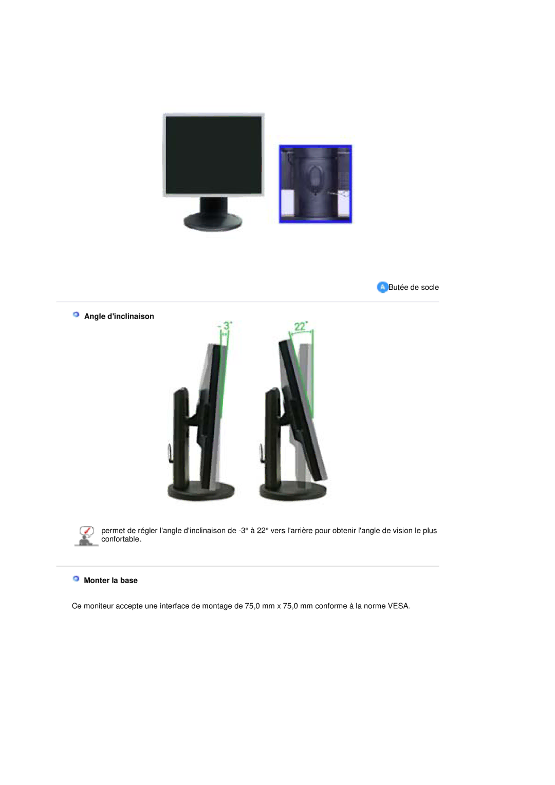 Samsung LS19UBQESQ/EDC, LS19UBPESQ/EDC manual Angle dinclinaison, Monter la base 