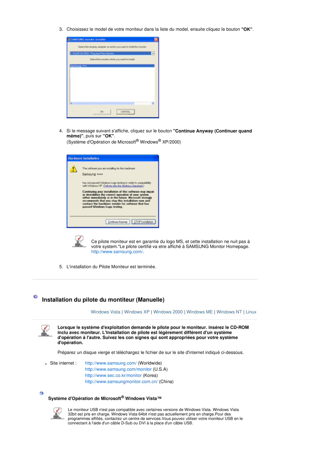 Samsung LS19UBQESQ/EDC manual Installation du pilote du montiteur Manuelle, Système dOpération de Microsoft Windows Vista 