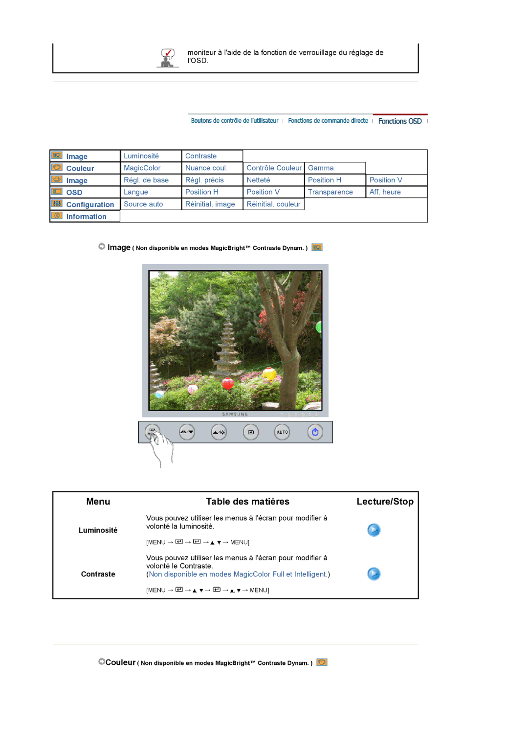 Samsung LS19UBQESQ/EDC, LS19UBPESQ/EDC manual Osd, Luminosité Contraste 