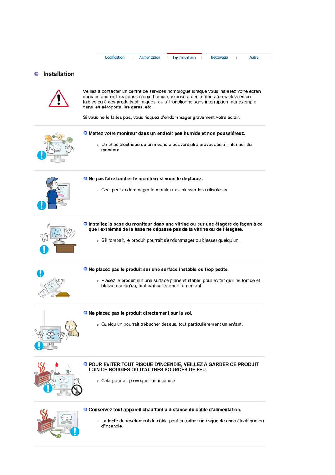 Samsung LS19UBPESQ/EDC, LS19UBQESQ/EDC manual Installation, Ne pas faire tomber le moniteur si vous le déplacez 