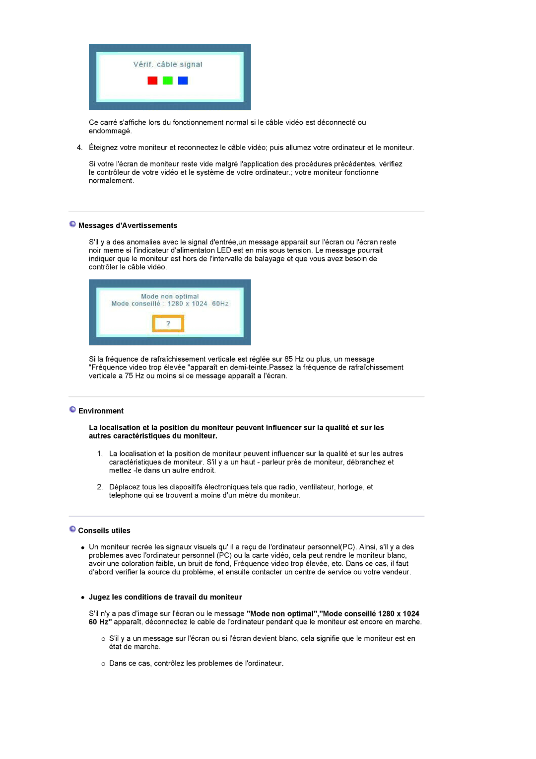 Samsung LS19UBQESQ/EDC manual Messages dAvertissements, Conseils utiles, Jugez les conditions de travail du moniteur 