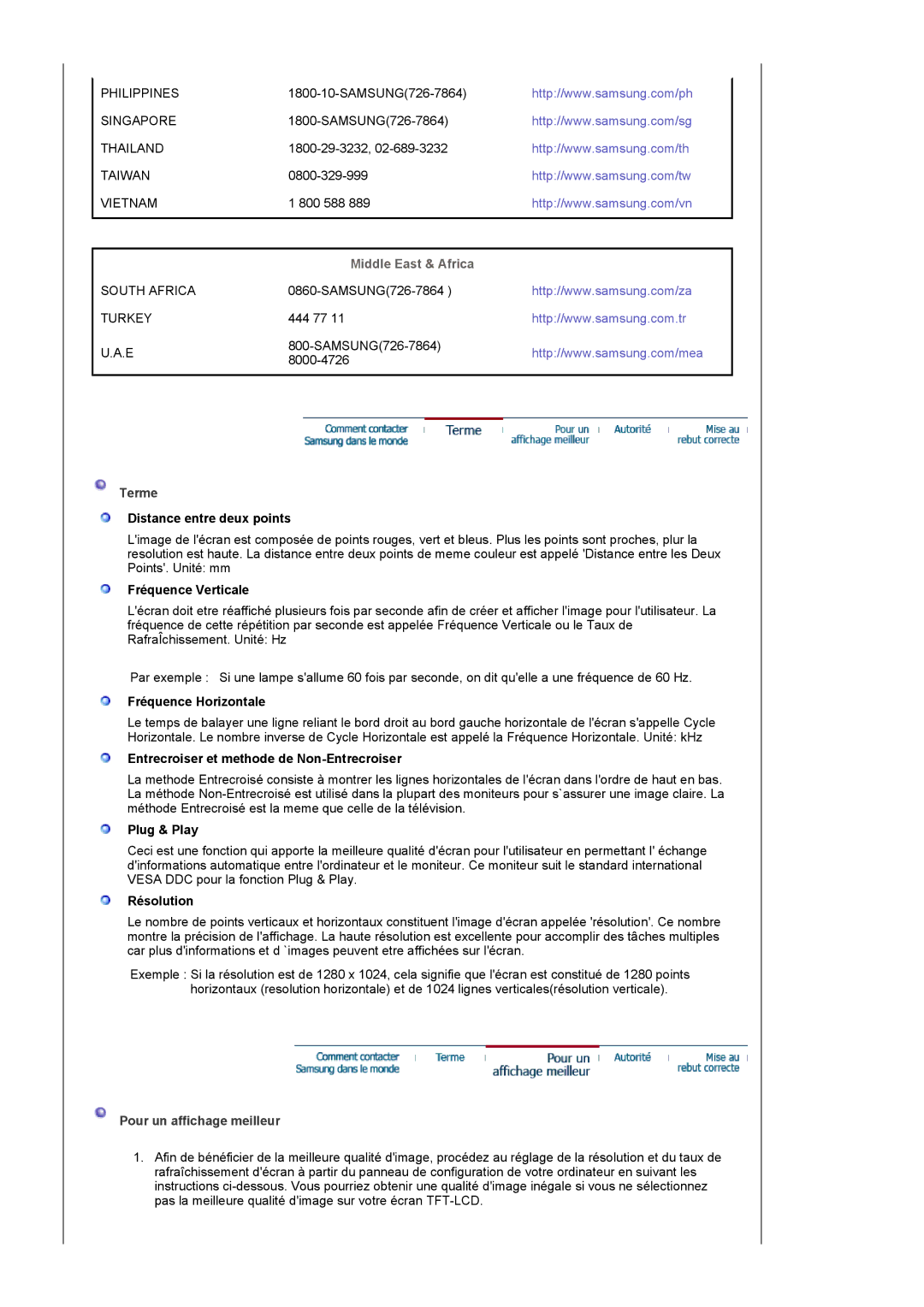 Samsung LS19UBQESQ/EDC, LS19UBPESQ/EDC manual Middle East & Africa, Terme, Pour un affichage meilleur 