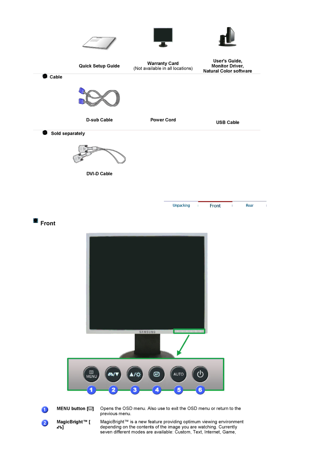 Samsung LS19UBQESQ/EDC, LS19UBPESQ/EDC manual Front, Quick Setup Guide, Not available in all locations 