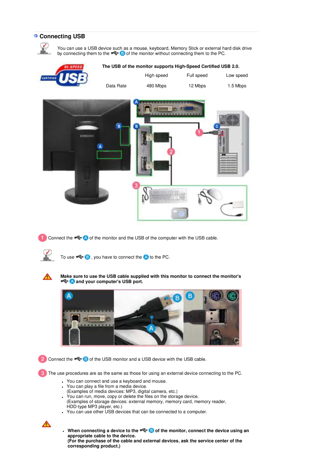 Samsung LS19UBPESQ/EDC, LS19UBQESQ/EDC manual Connecting USB, USB of the monitor supports High-Speed Certified USB 