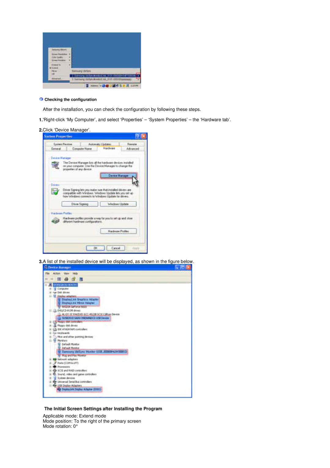 Samsung LS19UBPESQ/EDC, LS19UBQESQ/EDC manual Initial Screen Settings after Installing the Program 