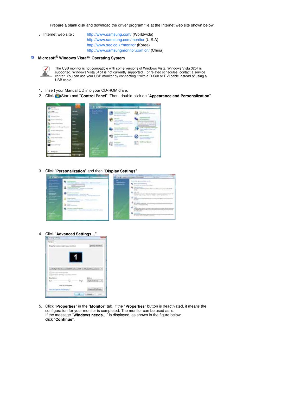 Samsung LS19UBQESQ/EDC, LS19UBPESQ/EDC manual Microsoft Windows Vista Operating System 