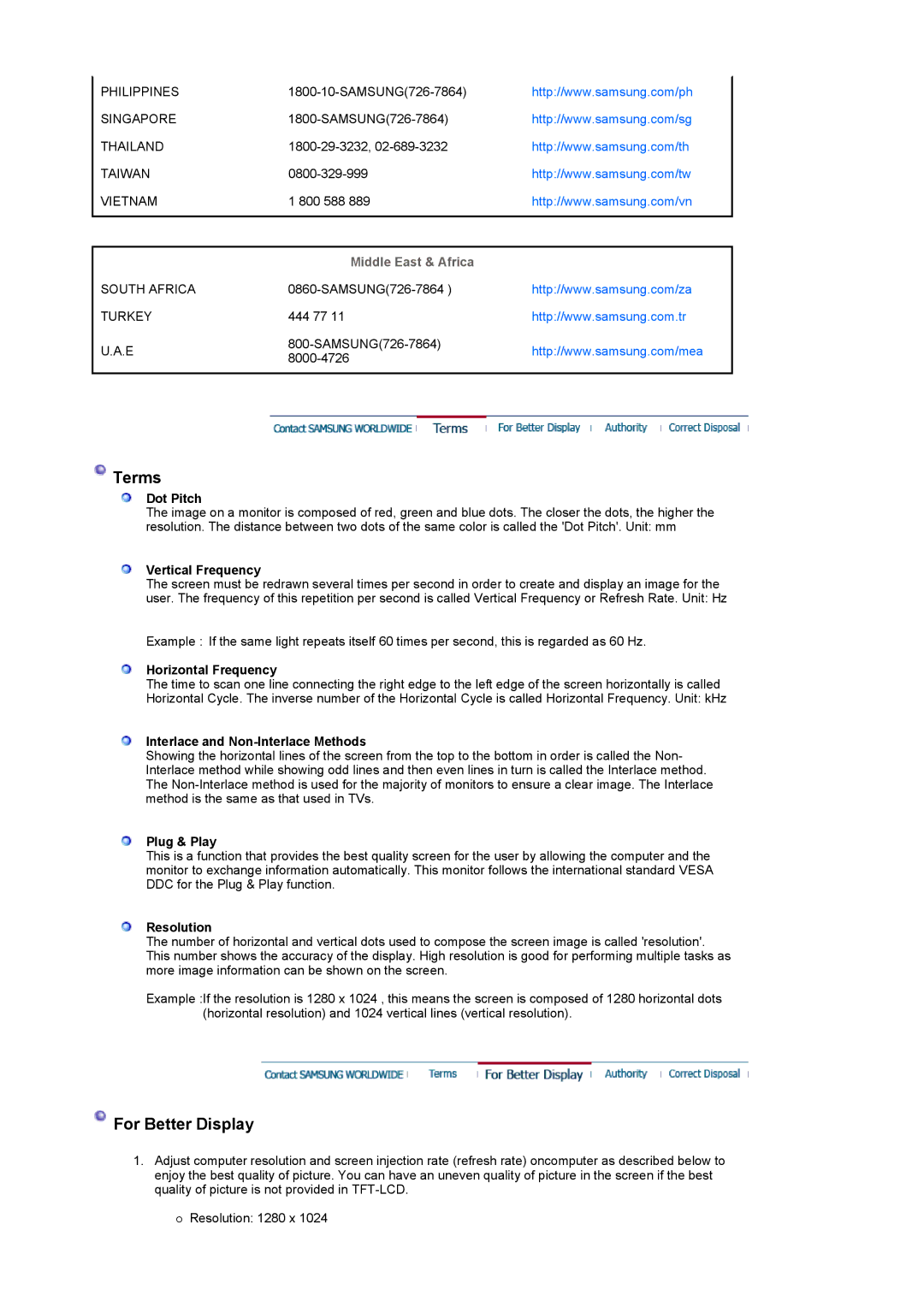 Samsung LS19UBPESQ/EDC, LS19UBQESQ/EDC manual Terms, For Better Display, Middle East & Africa 