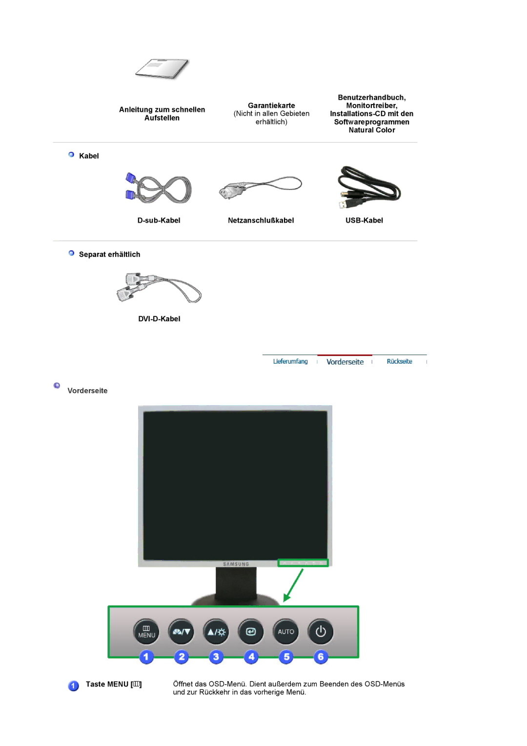 Samsung LS19UBQESQ/EDC, LS19UBPESQ/EDC manual Nicht in allen Gebieten, Erhältlich, Vorderseite, Taste Menu 