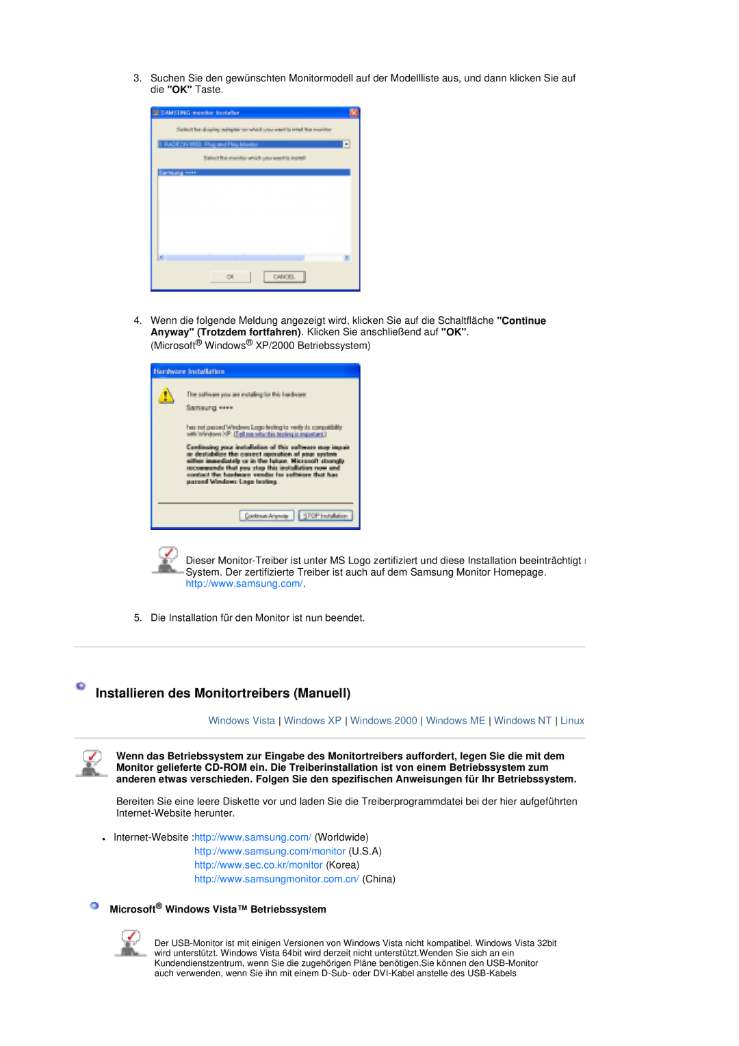 Samsung LS19UBQESQ/EDC, LS19UBPESQ/EDC Installieren des Monitortreibers Manuell, Microsoft Windows Vista Betriebssystem 
