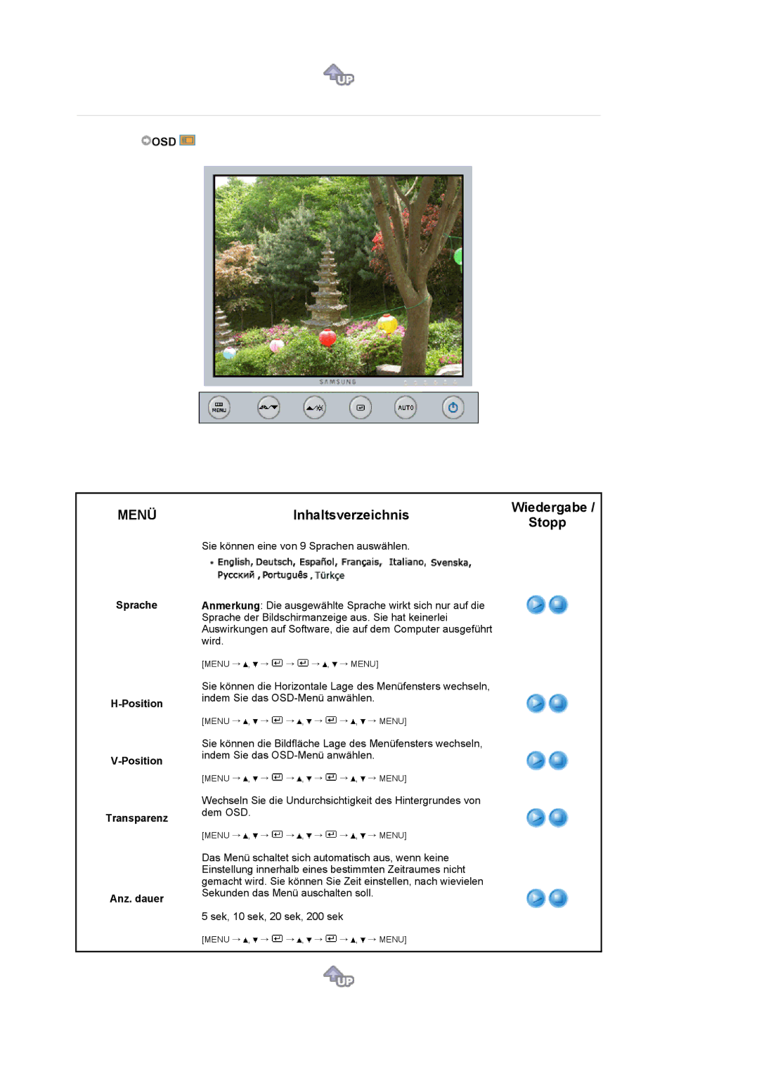 Samsung LS19UBPESQ/EDC, LS19UBQESQ/EDC manual Sprache Position Transparenz Anz. dauer 