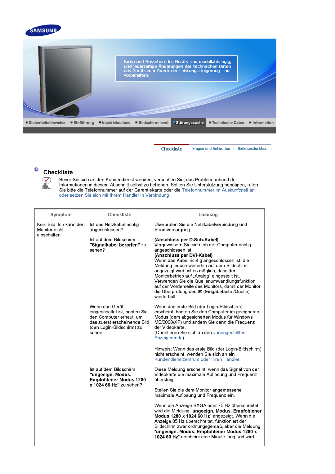 Samsung LS19UBQESQ/EDC, LS19UBPESQ/EDC Symptom Checkliste, Lösusng, Anschluss per D-Sub-Kabel, Anschluss per DVI-Kabel 