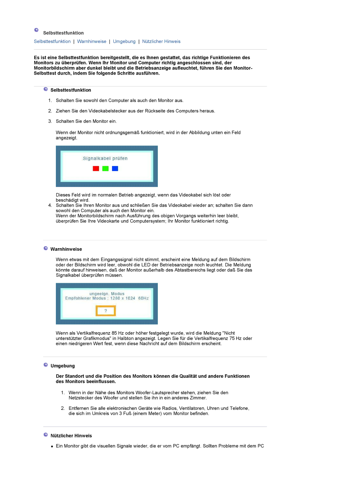 Samsung LS19UBQESQ/EDC, LS19UBPESQ/EDC manual Selbsttestfunktion, Warnhinweise, Nützlicher Hinweis 