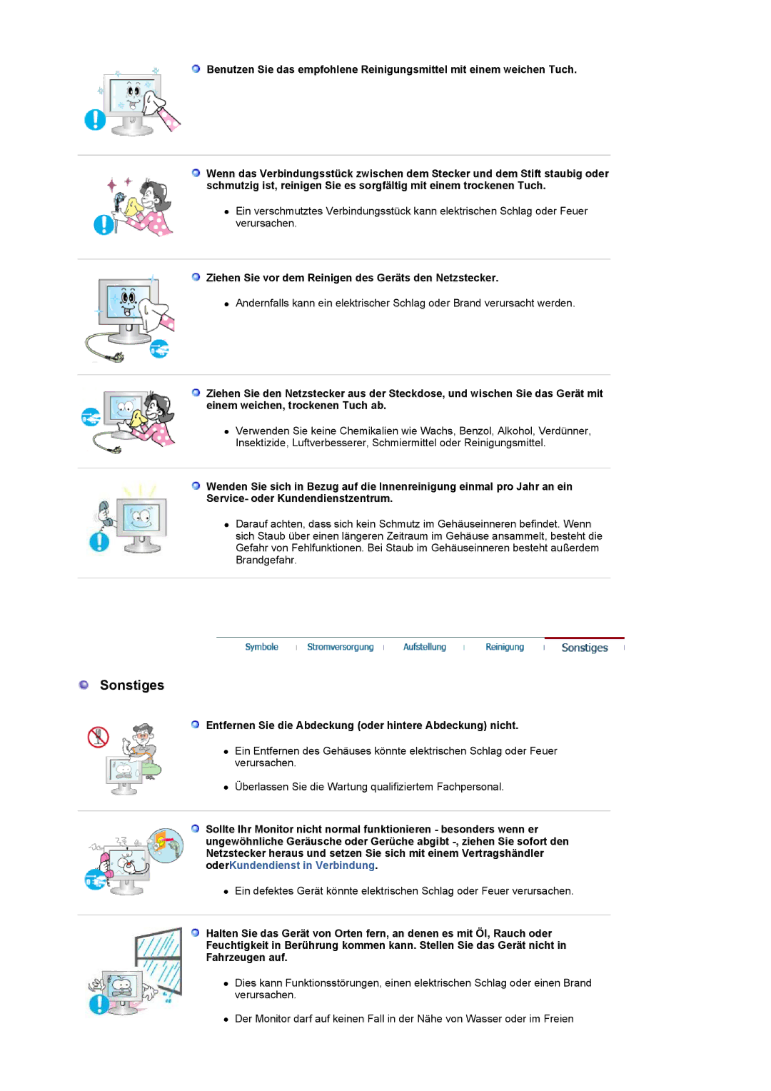 Samsung LS19UBPESQ/EDC, LS19UBQESQ/EDC manual Sonstiges, Ziehen Sie vor dem Reinigen des Geräts den Netzstecker 