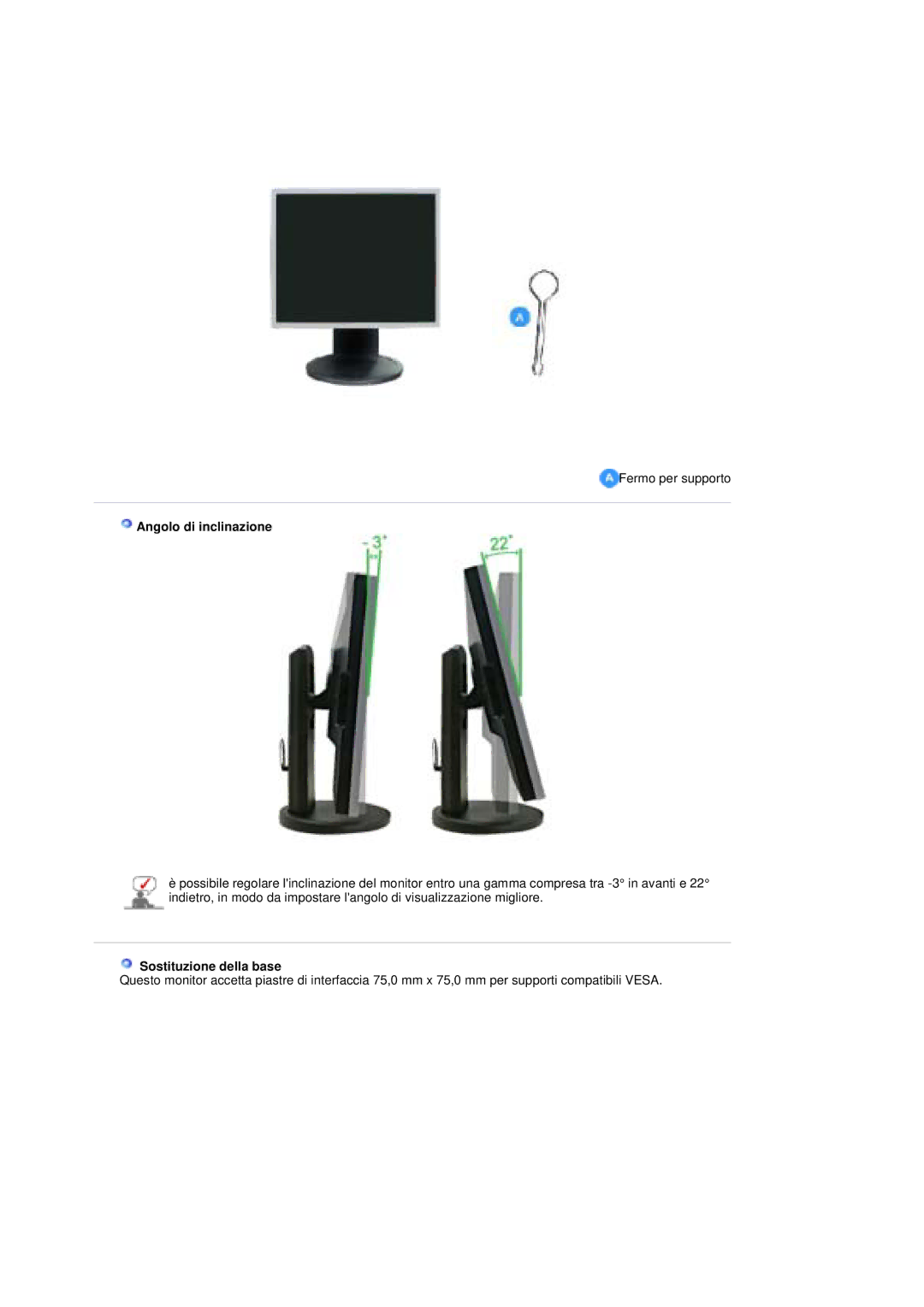 Samsung LS19UBQESQ/EDC, LS19UBPESQ/EDC manual Angolo di inclinazione, Sostituzione della base 