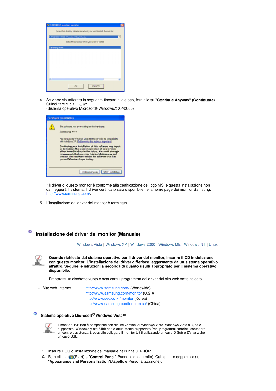 Samsung LS19UBQESQ/EDC manual Installazione del driver del monitor Manuale, Sistema operativo Microsoft Windows Vista 