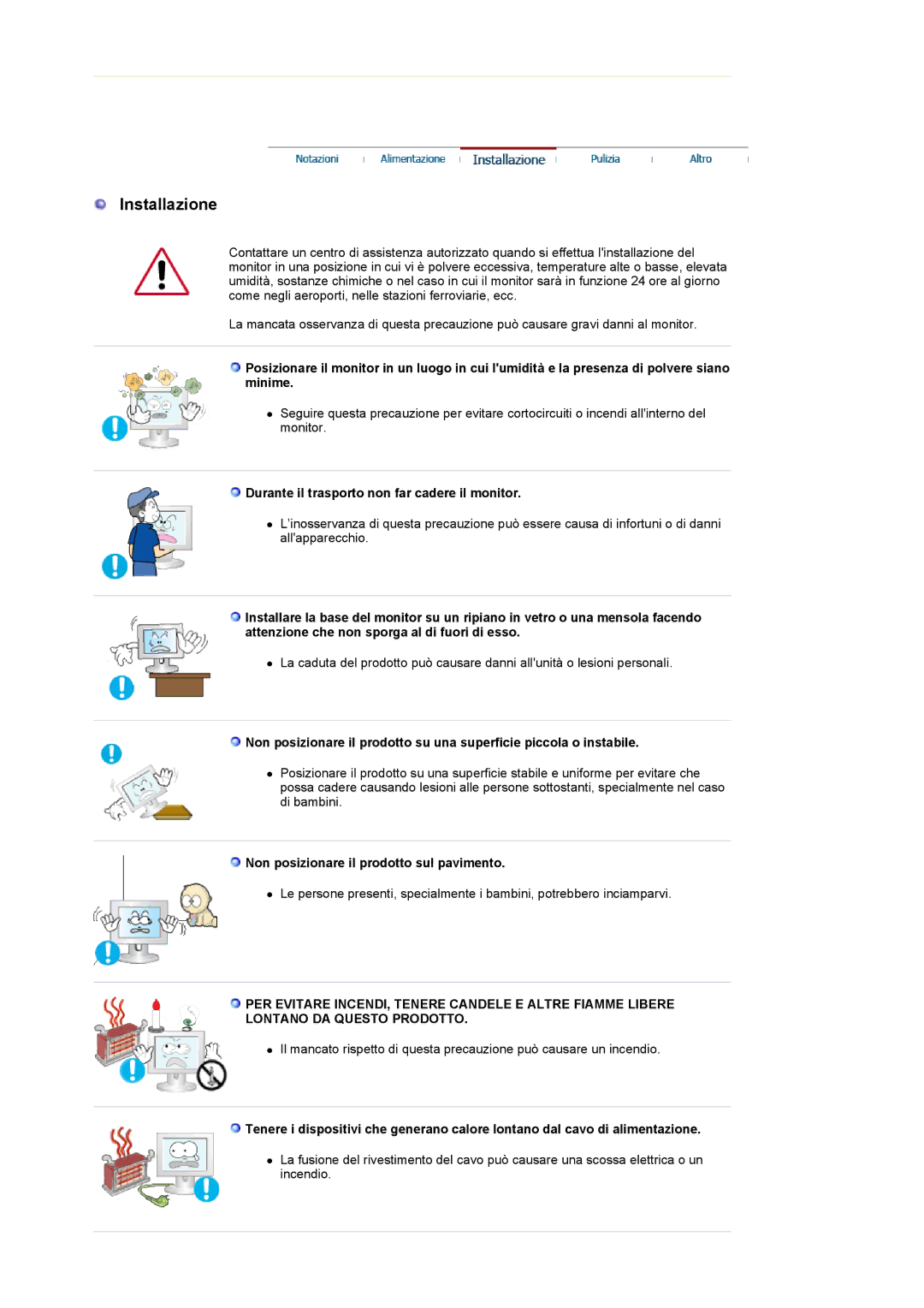 Samsung LS19UBPESQ/EDC, LS19UBQESQ/EDC manual Installazione, Durante il trasporto non far cadere il monitor 