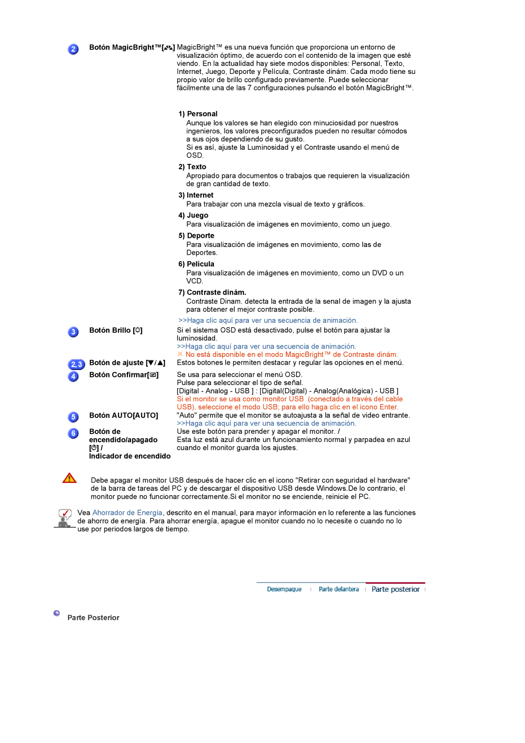 Samsung LS19UBPESQ/EDC Personal, Texto, Internet, Juego, Deporte, Película, Contraste dinám, Botón Brillo, Botón de ajuste 