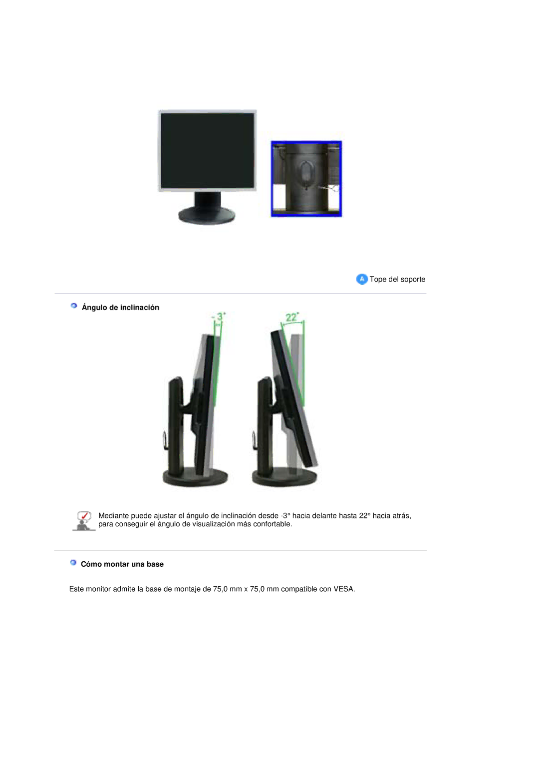 Samsung LS19UBQESQ/EDC, LS19UBPESQ/EDC manual Ángulo de inclinación, Cómo montar una base 