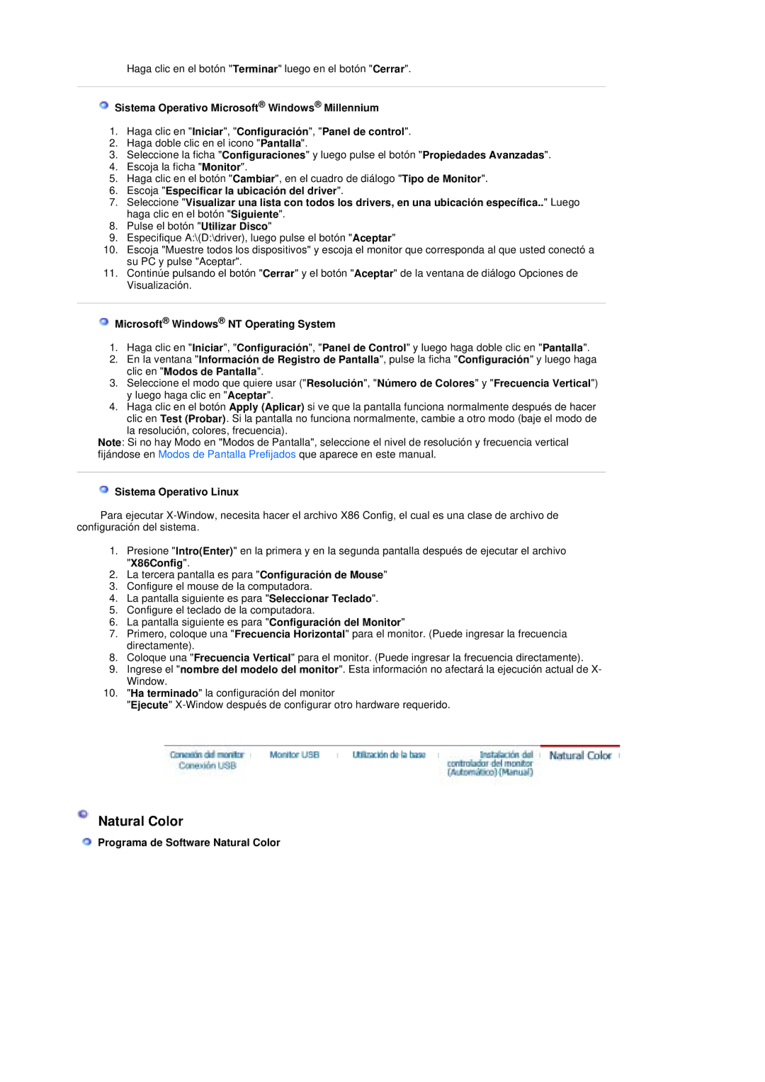 Samsung LS19UBQESQ/EDC, LS19UBPESQ/EDC manual Natural Color, Microsoft Windows NT Operating System, Sistema Operativo Linux 