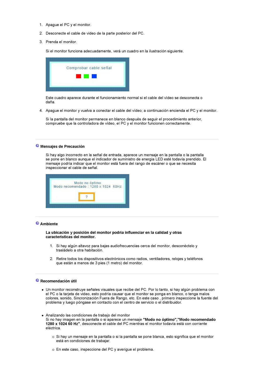 Samsung LS19UBQESQ/EDC, LS19UBPESQ/EDC manual Mensajes de Precaución, Recomendación útil 