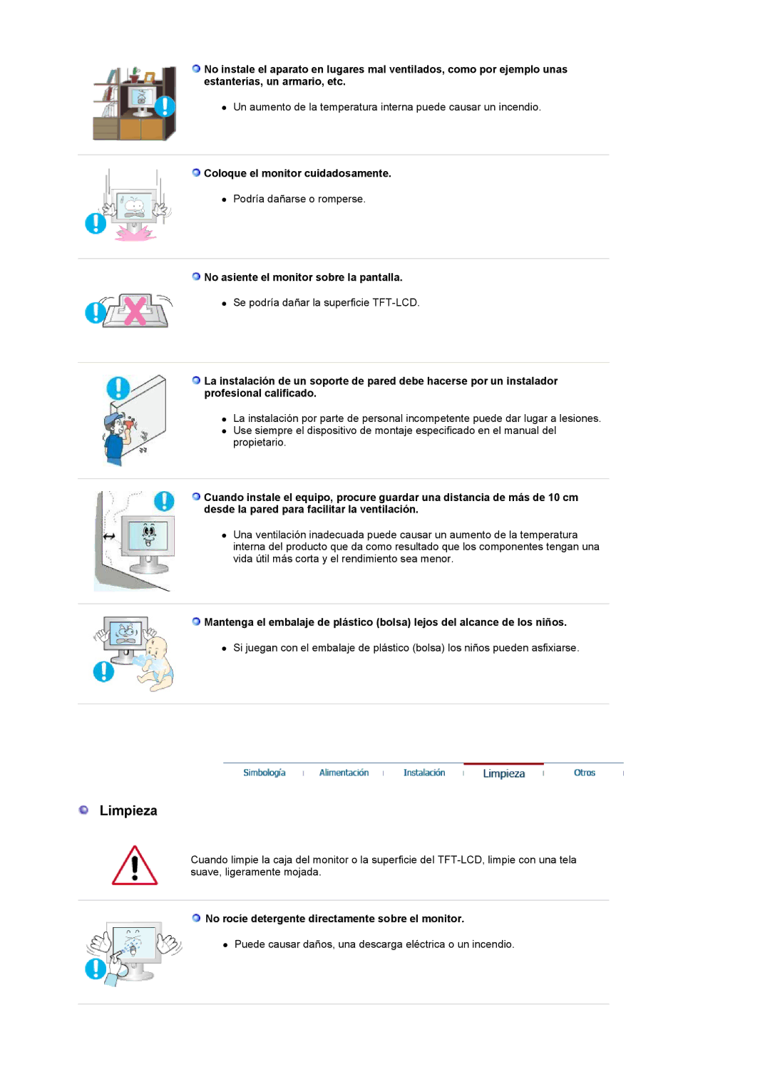 Samsung LS19UBQESQ/EDC manual Limpieza, Coloque el monitor cuidadosamente, No asiente el monitor sobre la pantalla 