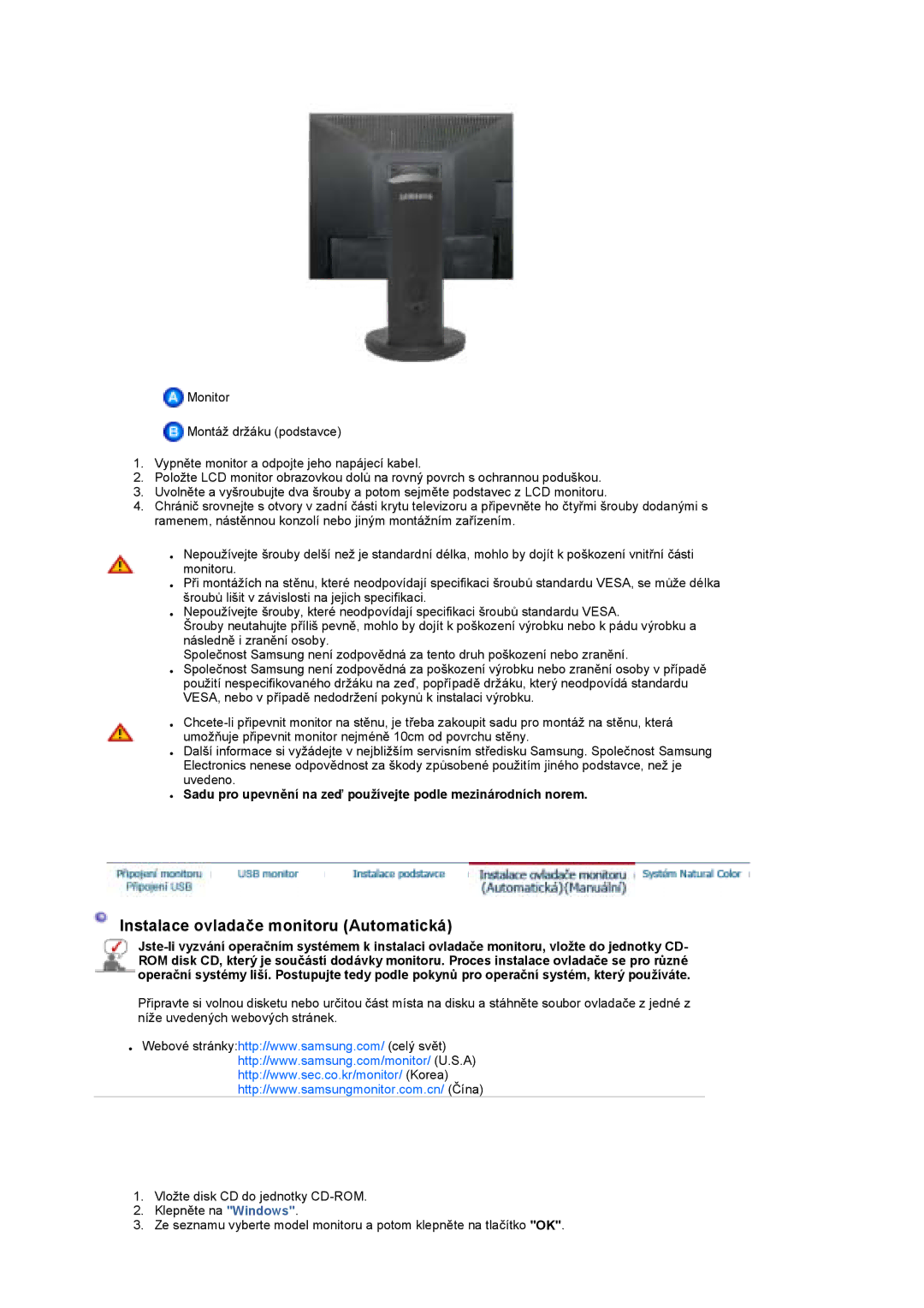 Samsung LS19UBPESQ/EDC, LS19UBQESQ/EDC manual Instalace ovladače monitoru Automatická 