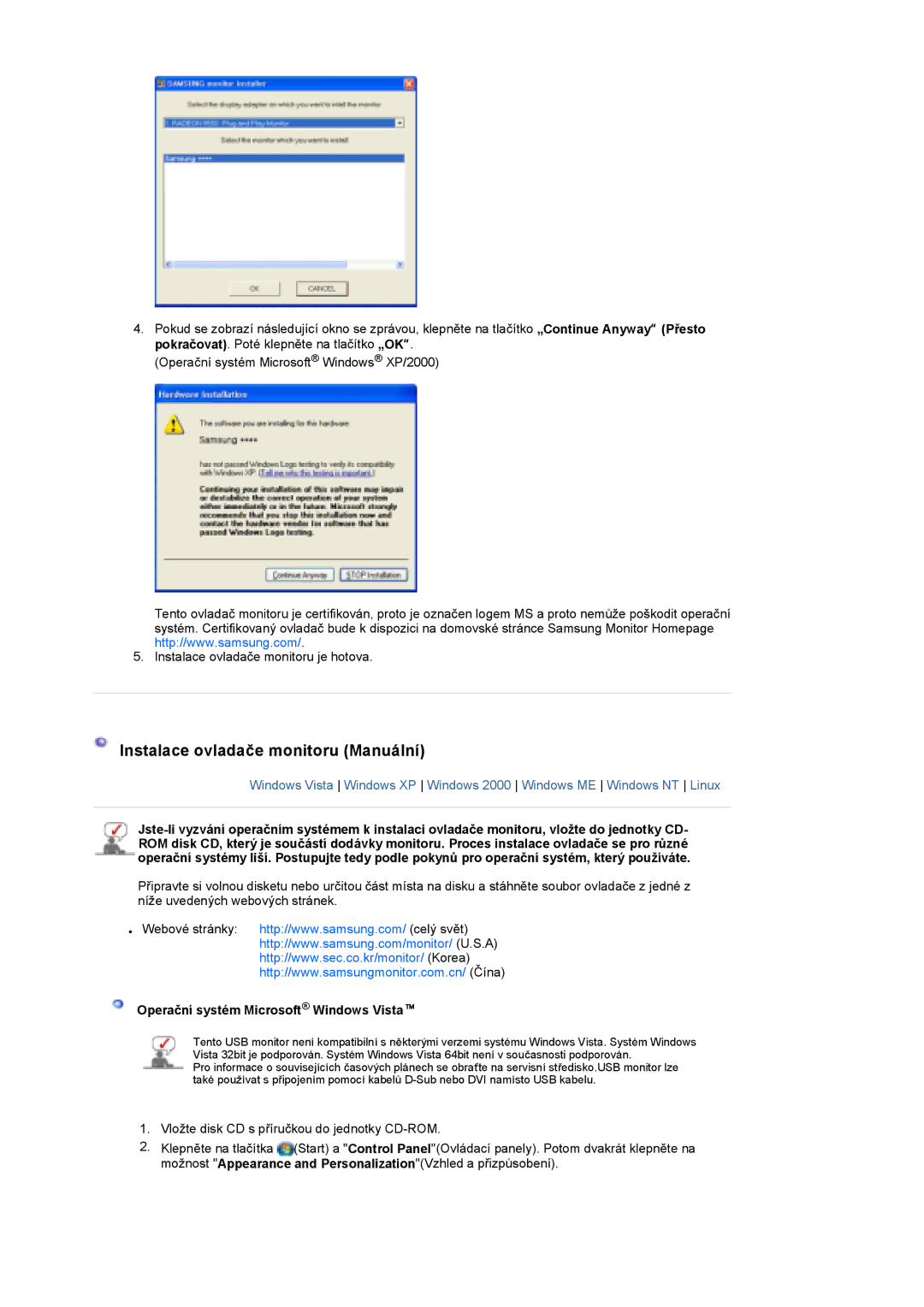 Samsung LS19UBQESQ/EDC, LS19UBPESQ/EDC manual Instalace ovladače monitoru Manuální, Operační systém Microsoft Windows Vista 