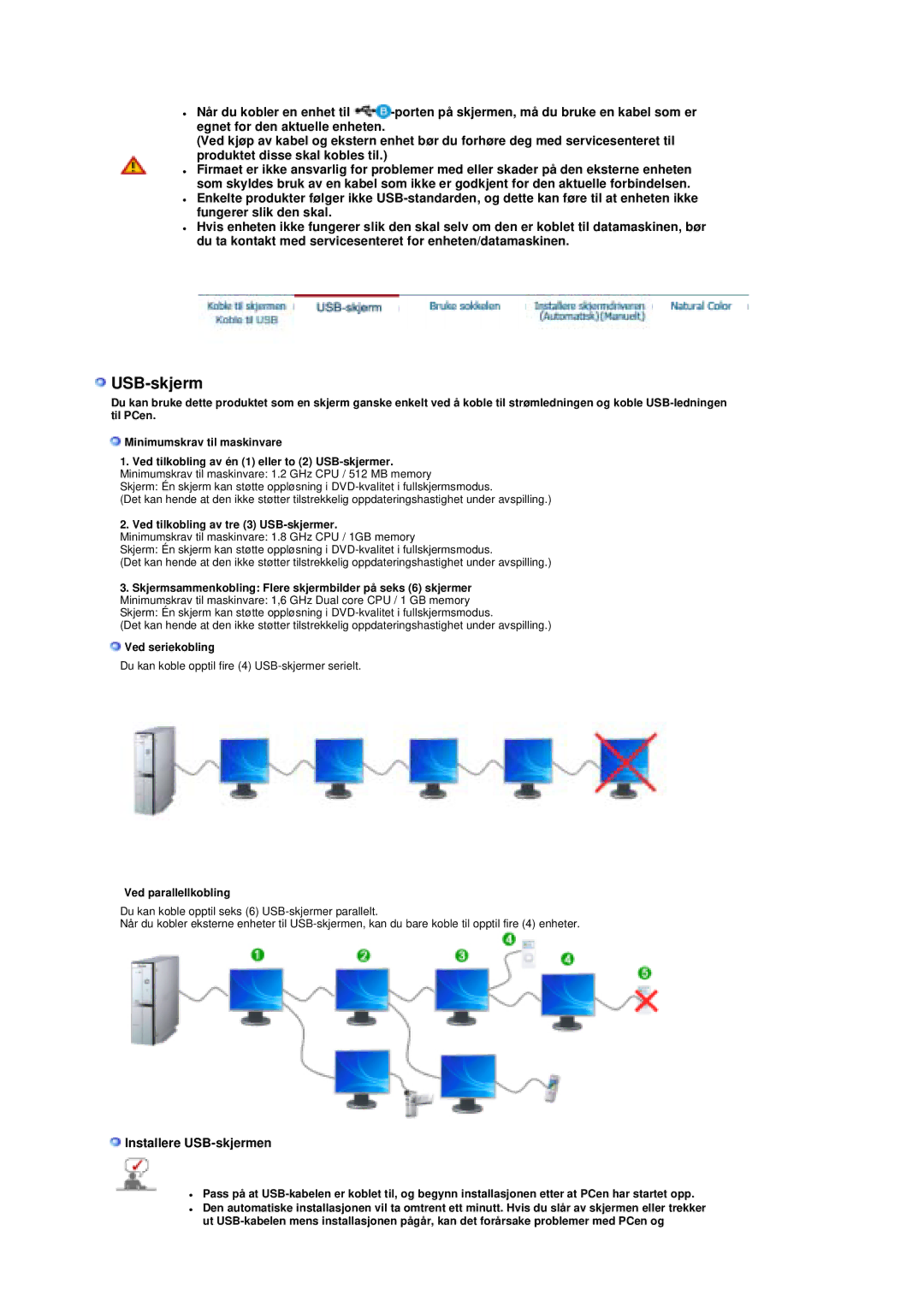 Samsung LS19UBQESQ/EDC, LS19UBPESQ/EDC manual Installere USB-skjermen 