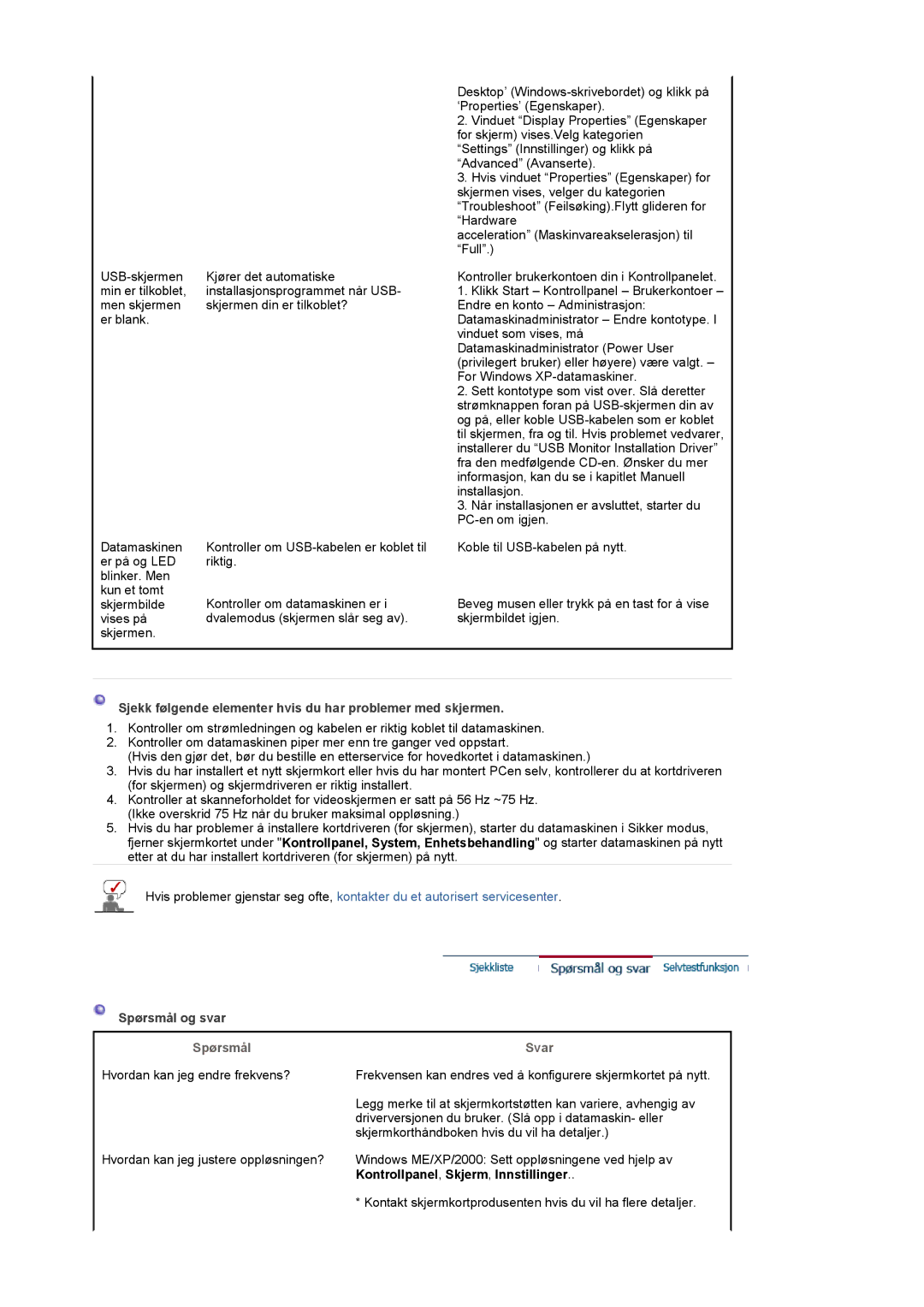 Samsung LS19UBPESQ/EDC, LS19UBQESQ/EDC Sjekk følgende elementer hvis du har problemer med skjermen, Spørsmål og svar, Svar 