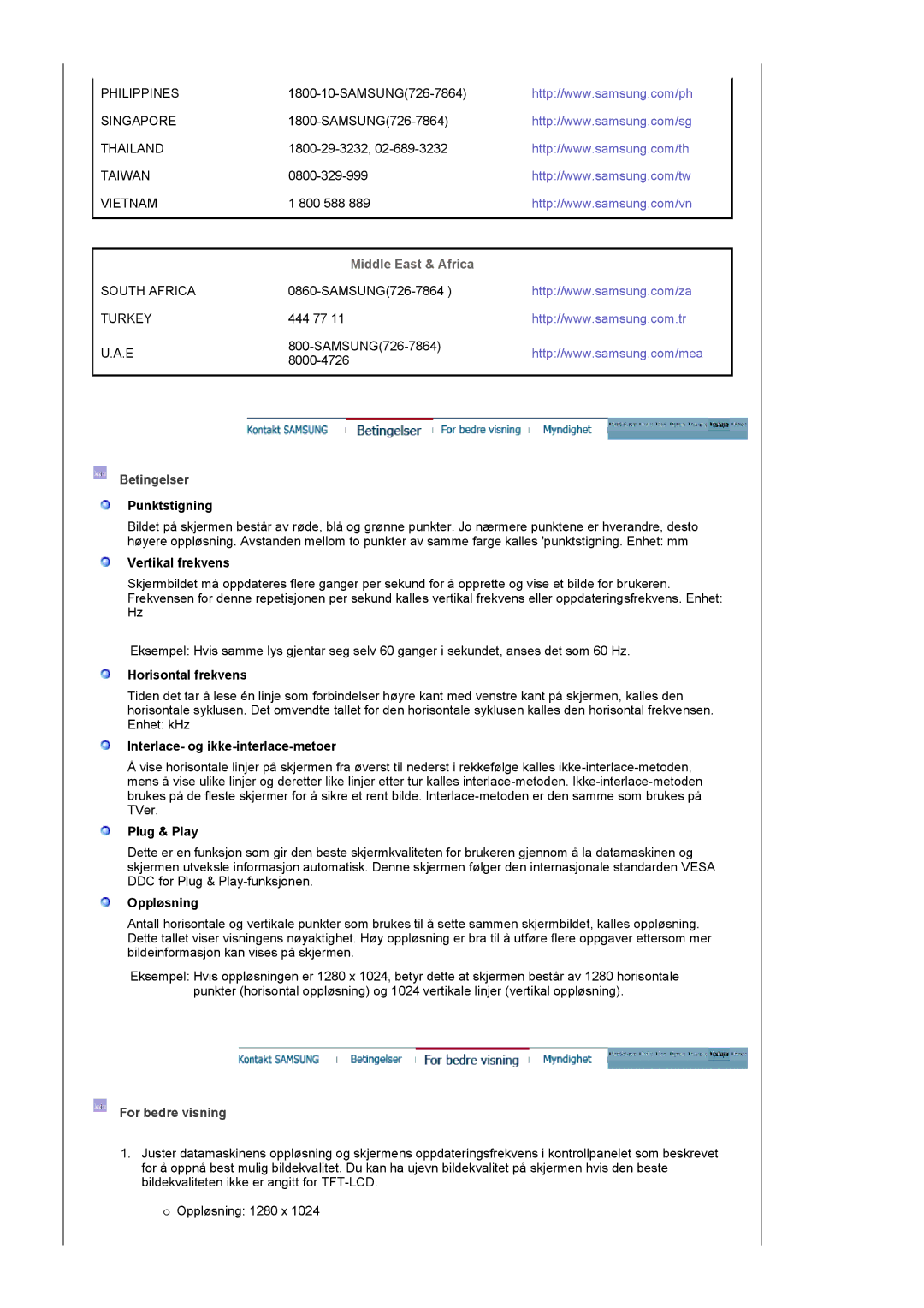 Samsung LS19UBPESQ/EDC, LS19UBQESQ/EDC manual Middle East & Africa, Betingelser, For bedre visning 