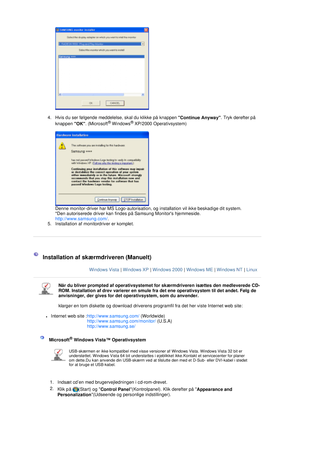 Samsung LS19UBQESQ/EDC, LS19UBPESQ/EDC manual Installation af skærmdriveren Manuelt, Microsoft Windows Vista Operativsystem 