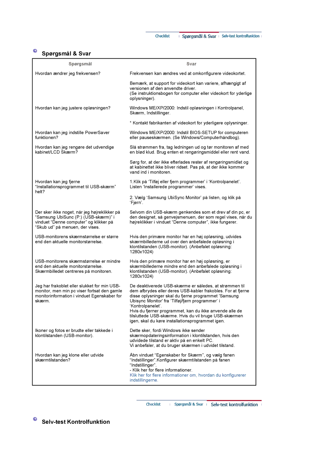 Samsung LS19UBPESQ/EDC, LS19UBQESQ/EDC manual Spørgsmål & Svar, Selv-test Kontrolfunktion 