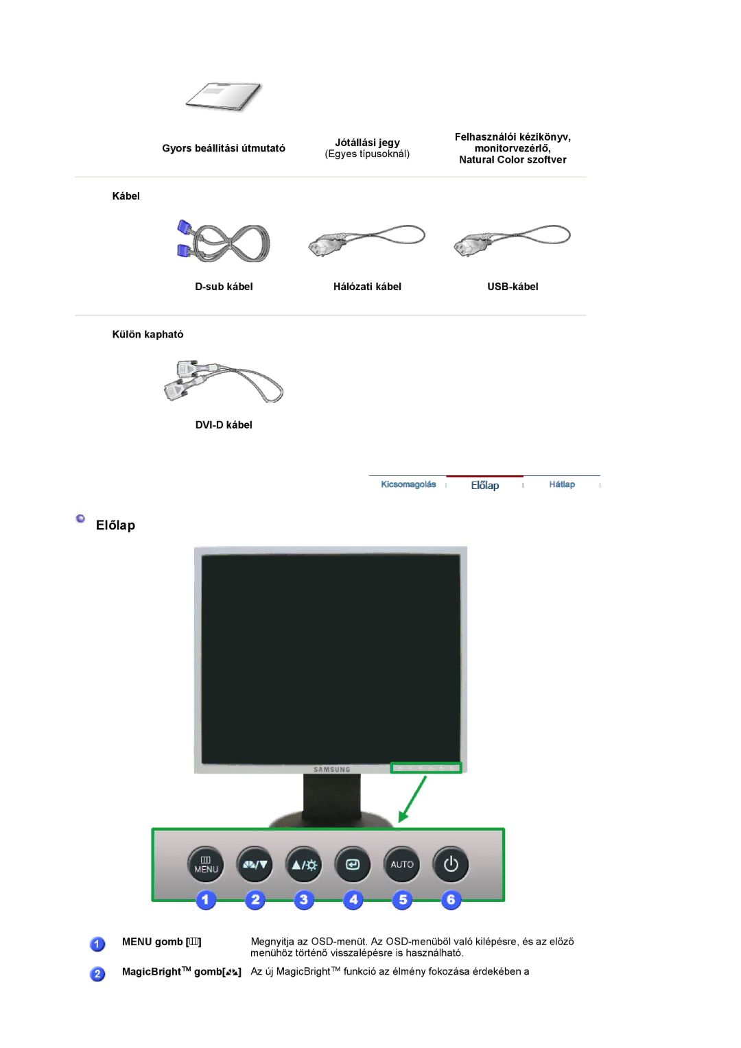 Samsung LS19UBQESQ/EDC, LS19UBPESQ/EDC manual Előlap 