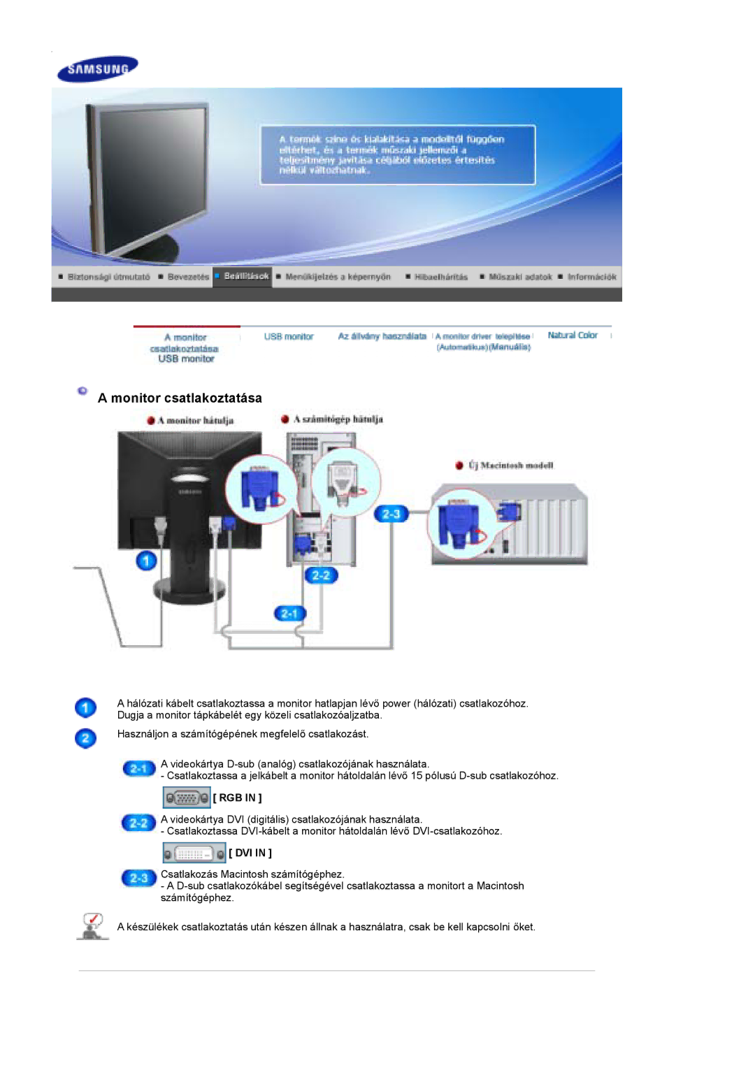 Samsung LS19UBQESQ/EDC, LS19UBPESQ/EDC manual Monitor csatlakoztatása, Rgb, Dvi 