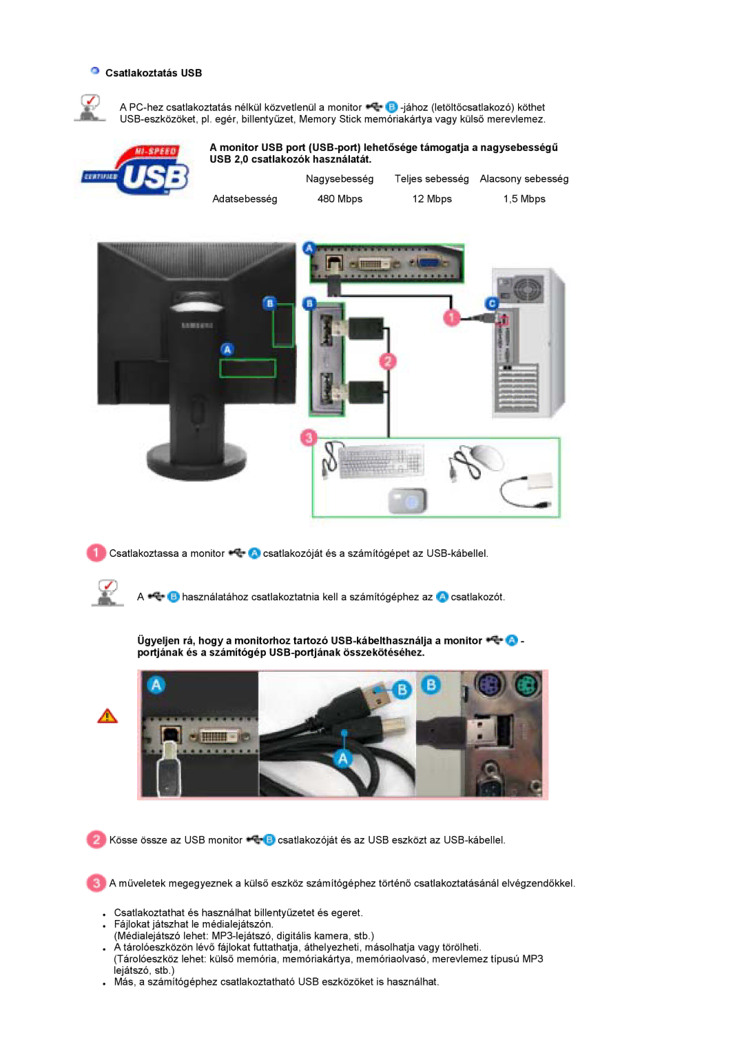 Samsung LS19UBPESQ/EDC, LS19UBQESQ/EDC manual Csatlakoztatás USB 