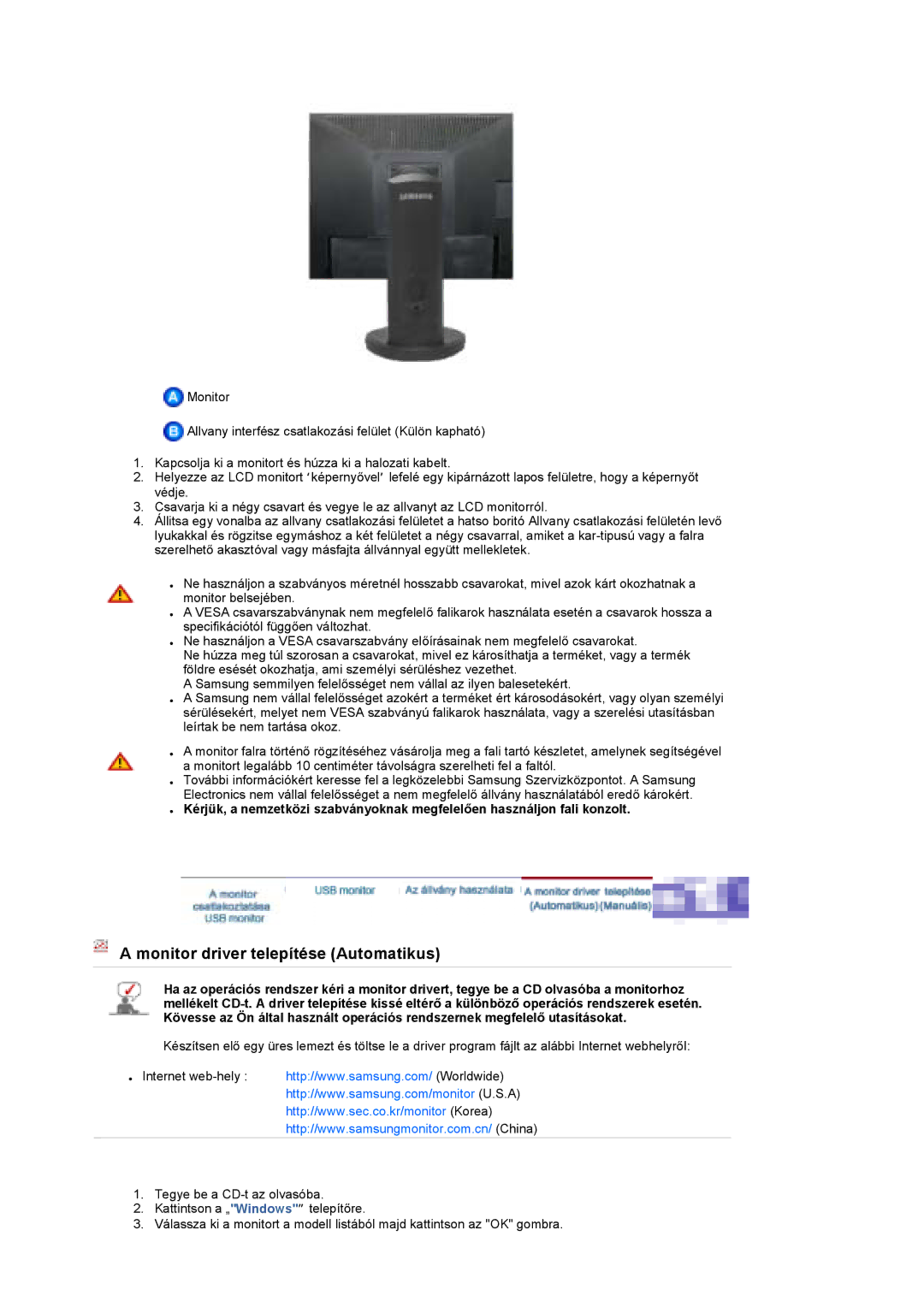 Samsung LS19UBPESQ/EDC, LS19UBQESQ/EDC manual Monitor driver telepítése Automatikus 