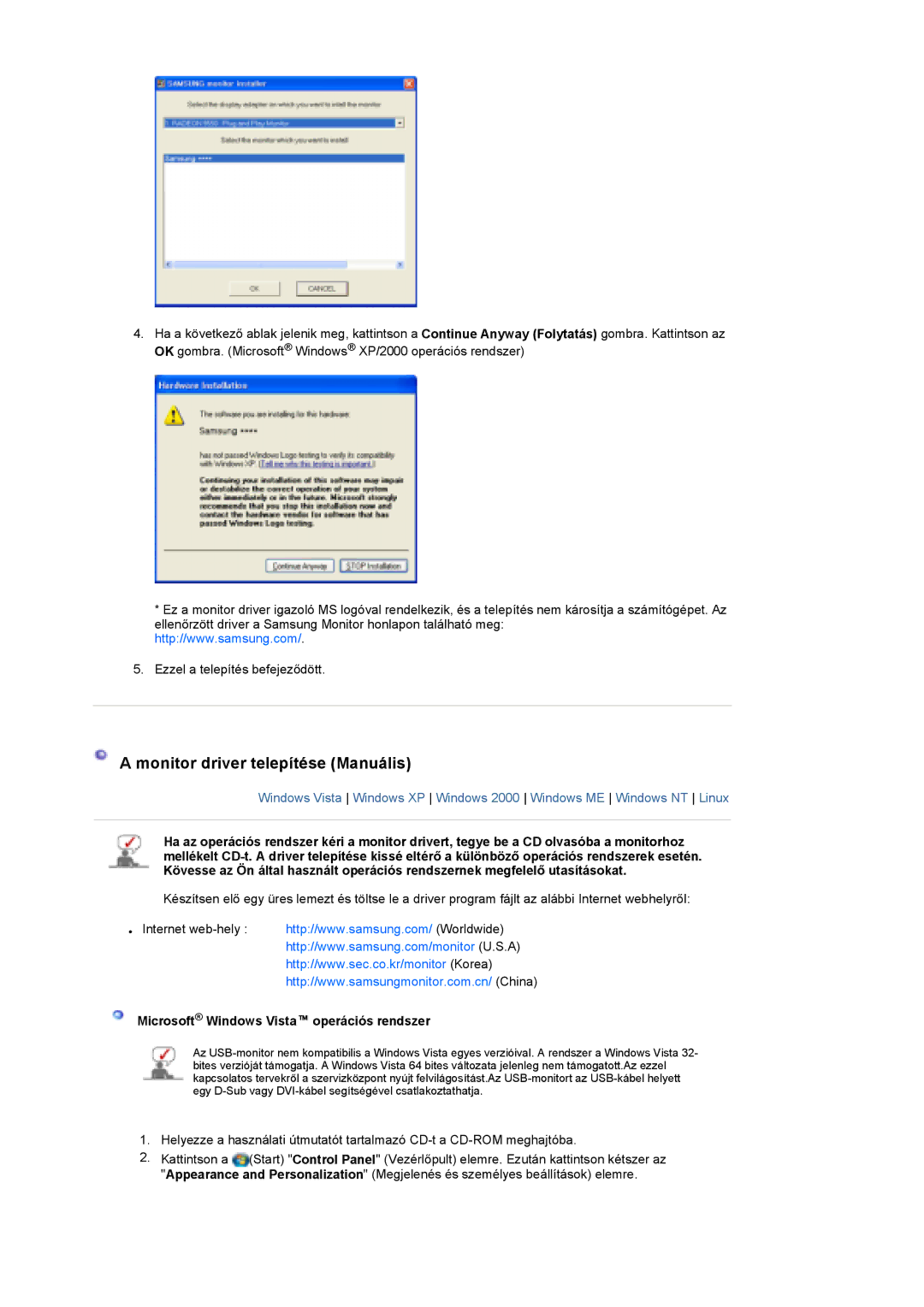 Samsung LS19UBQESQ/EDC, LS19UBPESQ/EDC manual Monitor driver telepítése Manuális, Microsoft Windows Vista operációs rendszer 