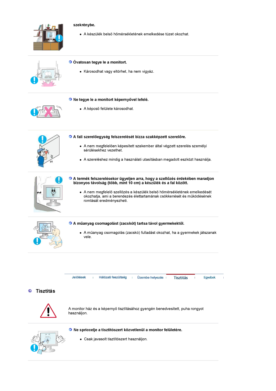 Samsung LS19UBQESQ/EDC Tisztitás, Szekrénybe, Óvatosan tegye le a monitort, Ne tegye le a monitort képernyővel lefelé 