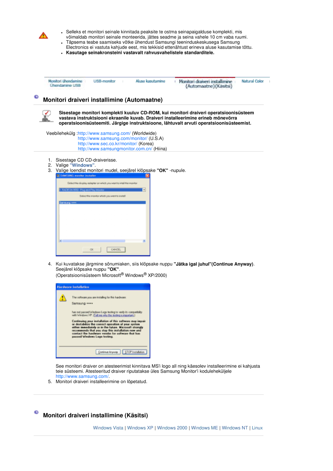 Samsung LS19UBPESQ/EDC manual Monitori draiveri installimine Automaatne, Monitori draiveri installimine Käsitsi 