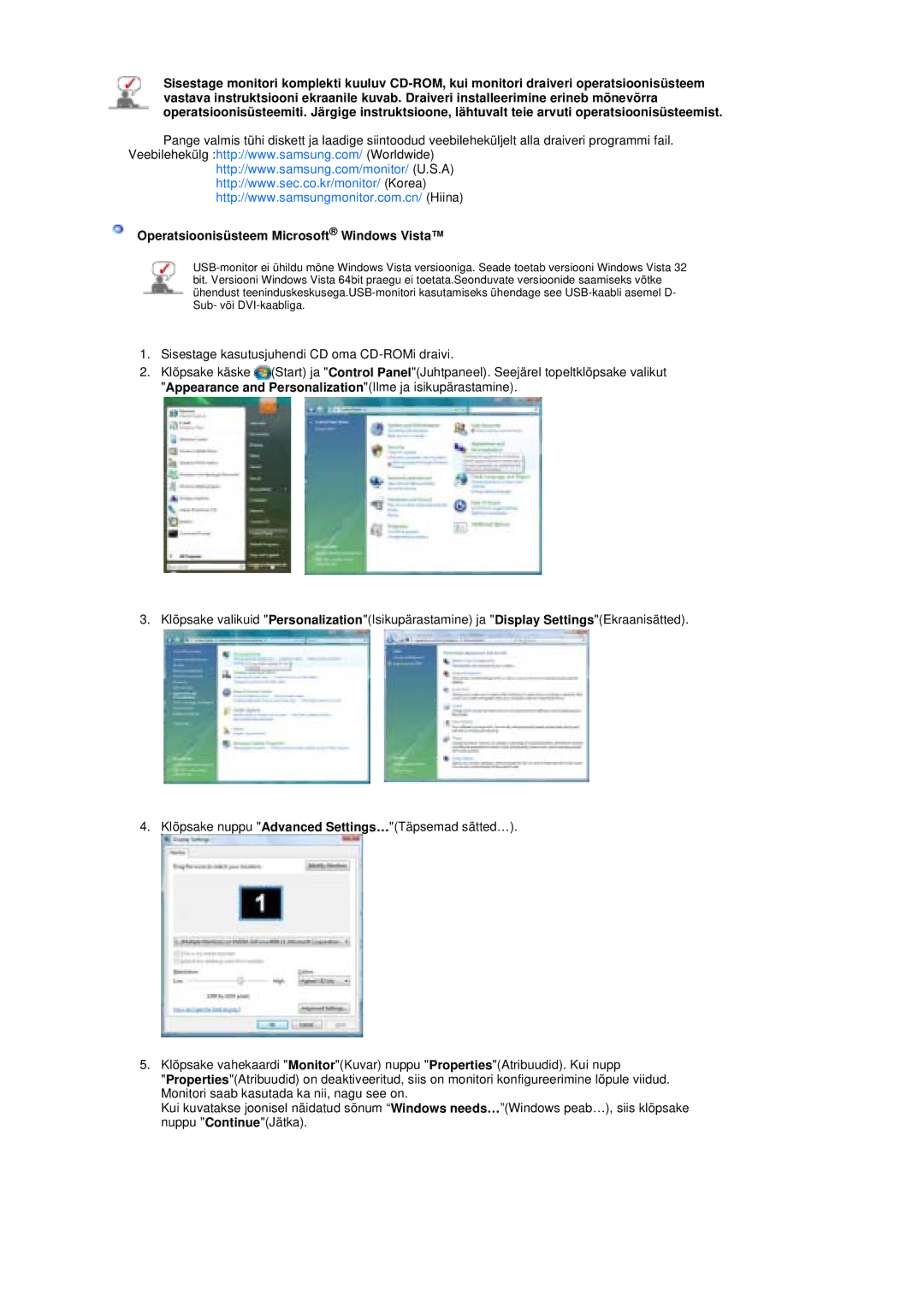 Samsung LS19UBPESQ/EDC manual Operatsioonisüsteem Microsoft Windows Vista 