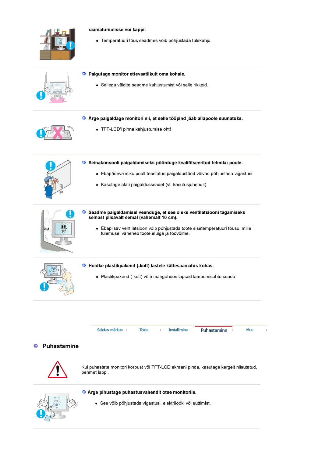 Samsung LS19UBPESQ/EDC manual Puhastamine, Raamaturiiulisse või kappi, Paigutage monitor ettevaatlikult oma kohale 