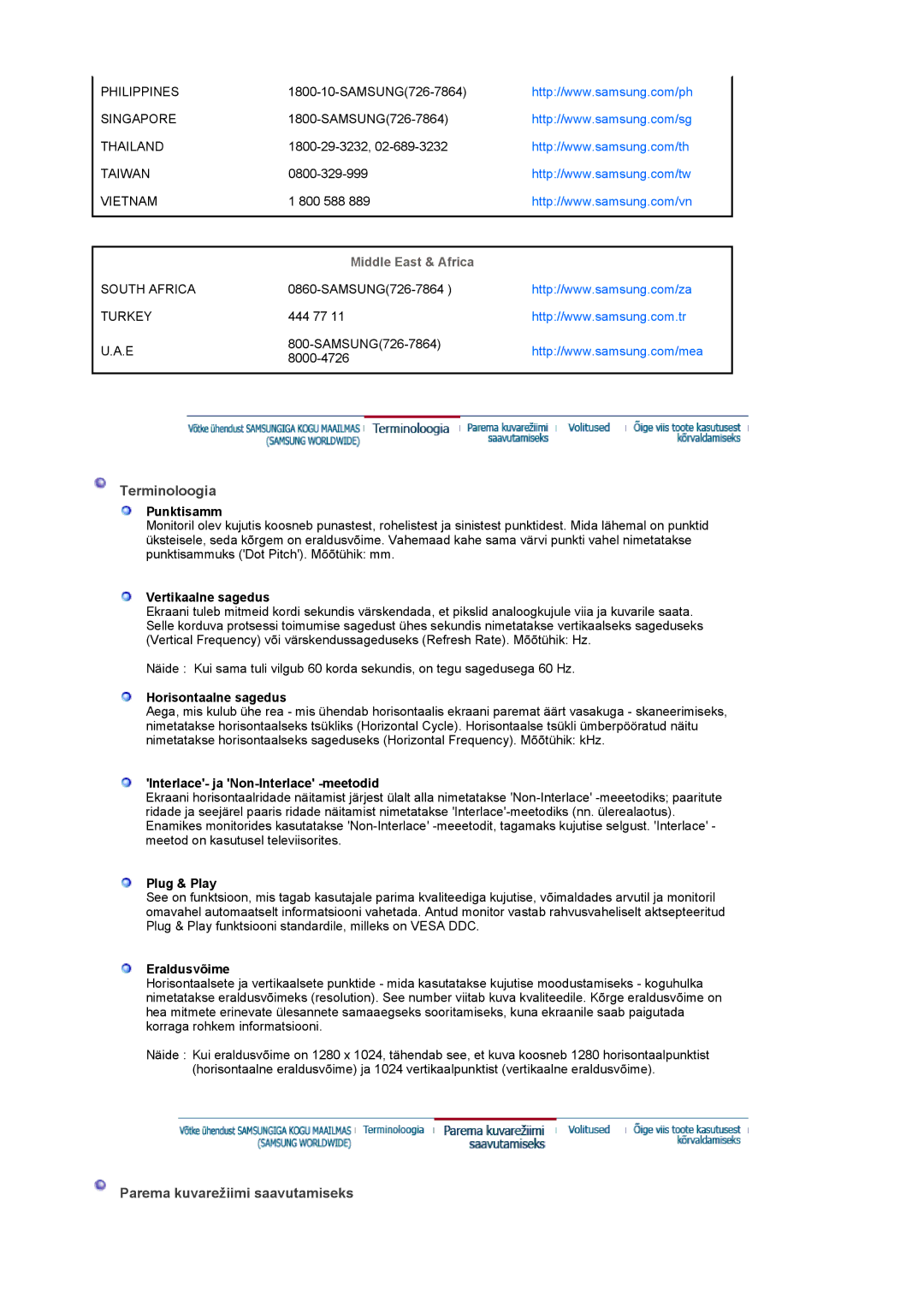 Samsung LS19UBPESQ/EDC manual Middle East & Africa 