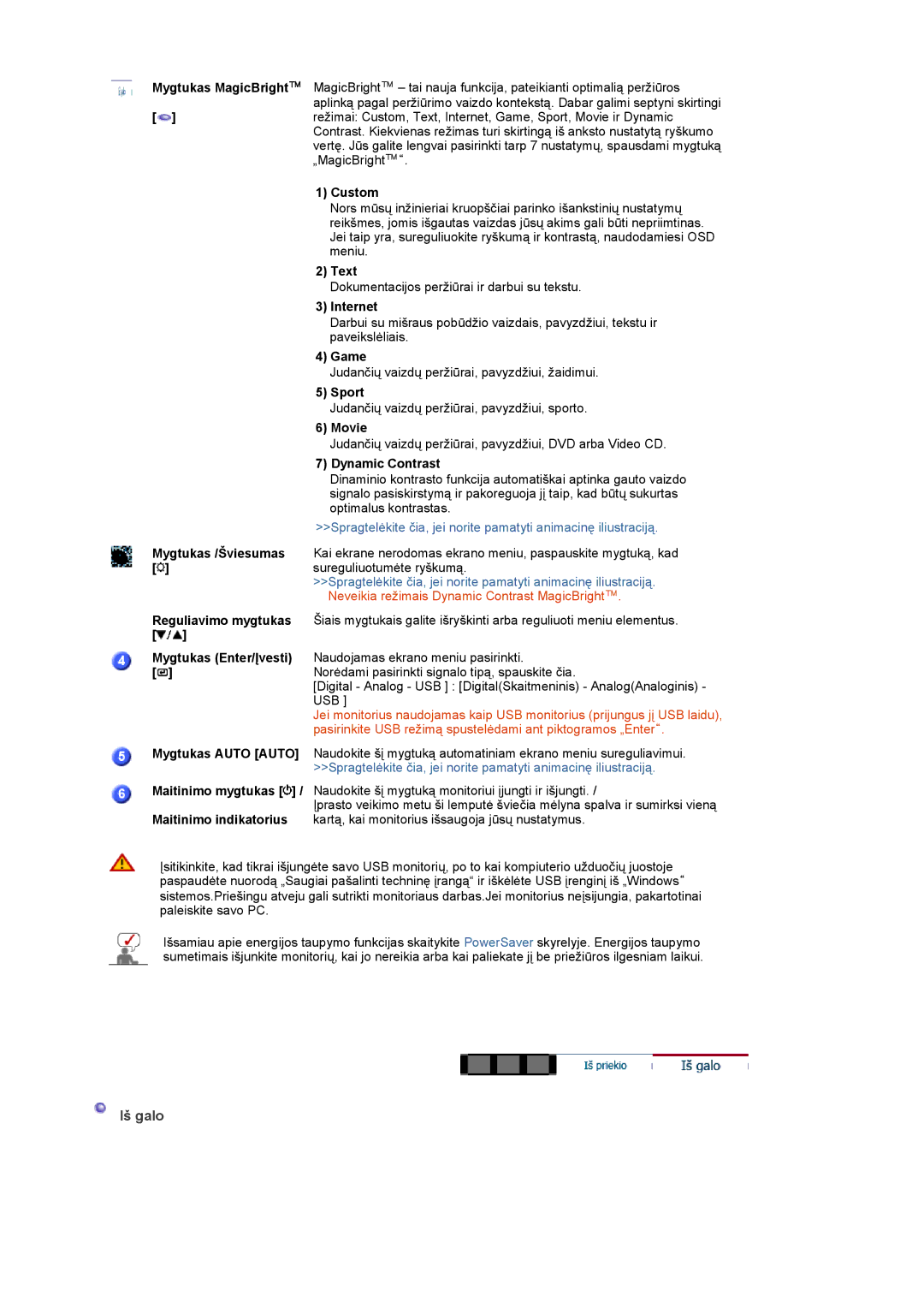 Samsung LS19UBPESQ/EDC manual Custom, Text, Internet, Game, Sport, Movie, Dynamic Contrast, Mygtukas /Šviesumas 