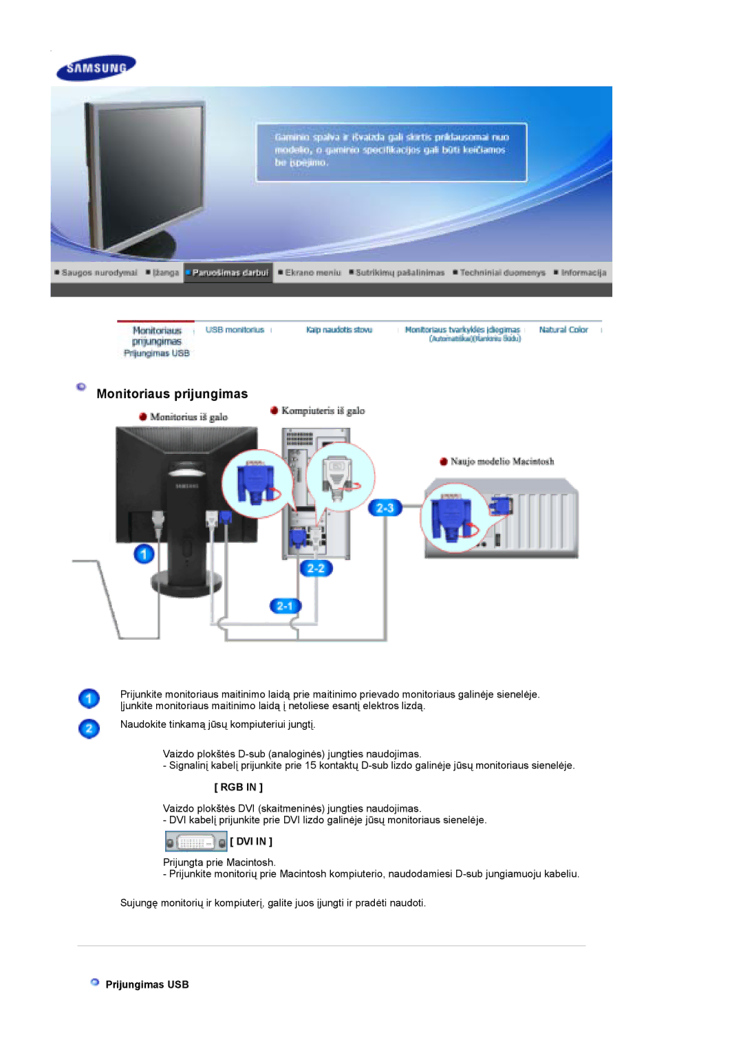 Samsung LS19UBPESQ/EDC manual Monitoriaus prijungimas, Rgb, Dvi, Prijungimas USB 