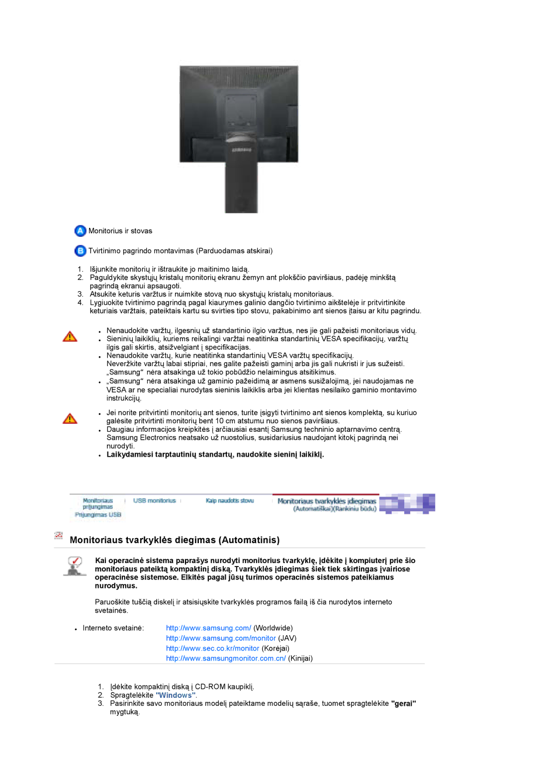 Samsung LS19UBPESQ/EDC manual Monitoriaus tvarkyklės diegimas Automatinis 